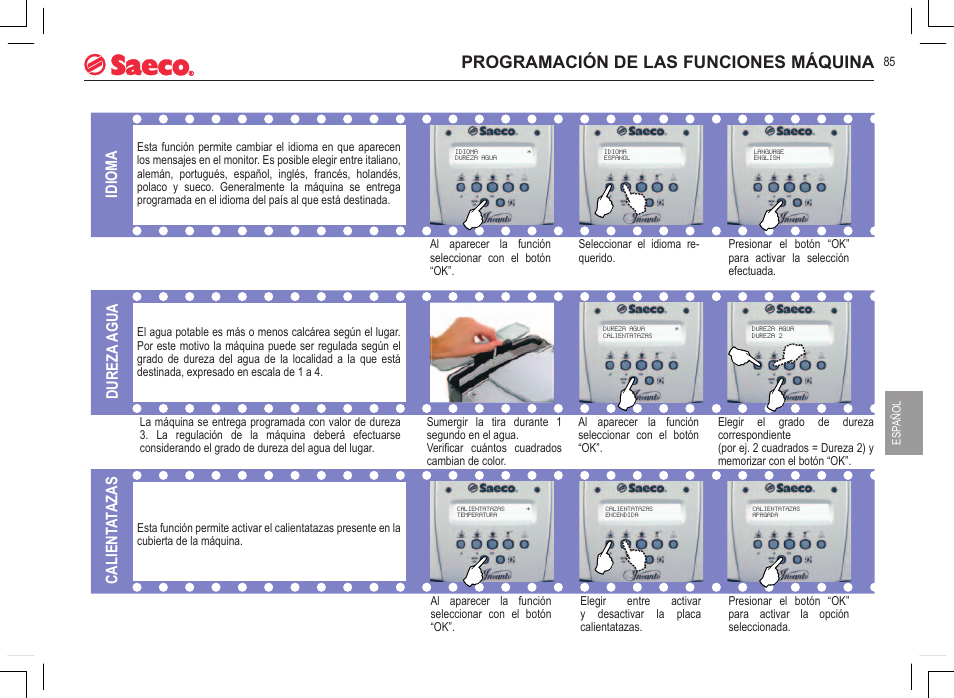 Programación de las funciones máquina, Idioma dureza agua calient at azas | Philips 740815008 User Manual | Page 85 / 128
