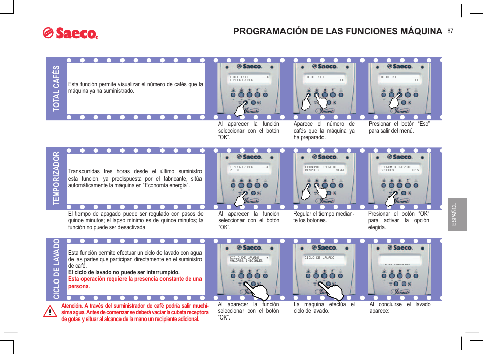 Programación de las funciones máquina, Tot al cafés, Ciclo de la vado temporizador | Philips 740815008 User Manual | Page 87 / 128