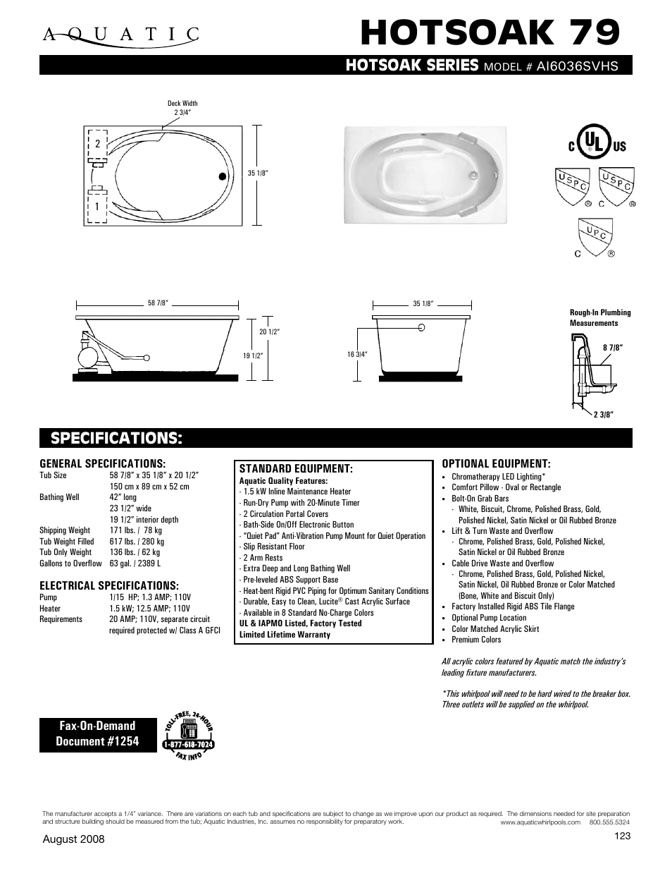 Aquatic HOTSOAK 79 AI6036SVHS User Manual | 1 page