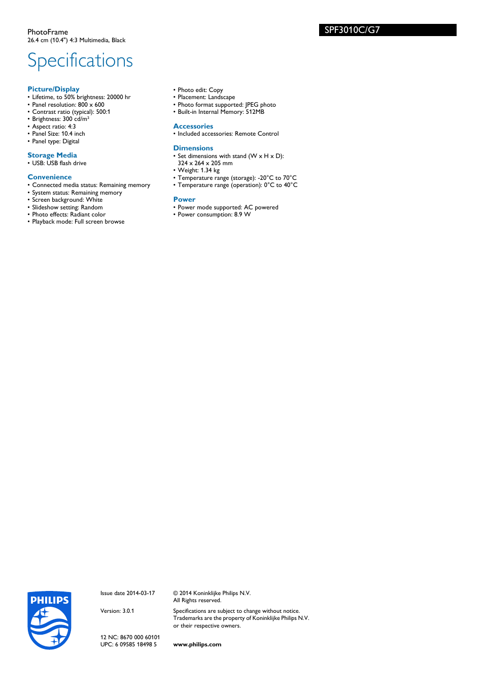 Specifications | Philips SPF3010C-G7 User Manual | Page 2 / 2