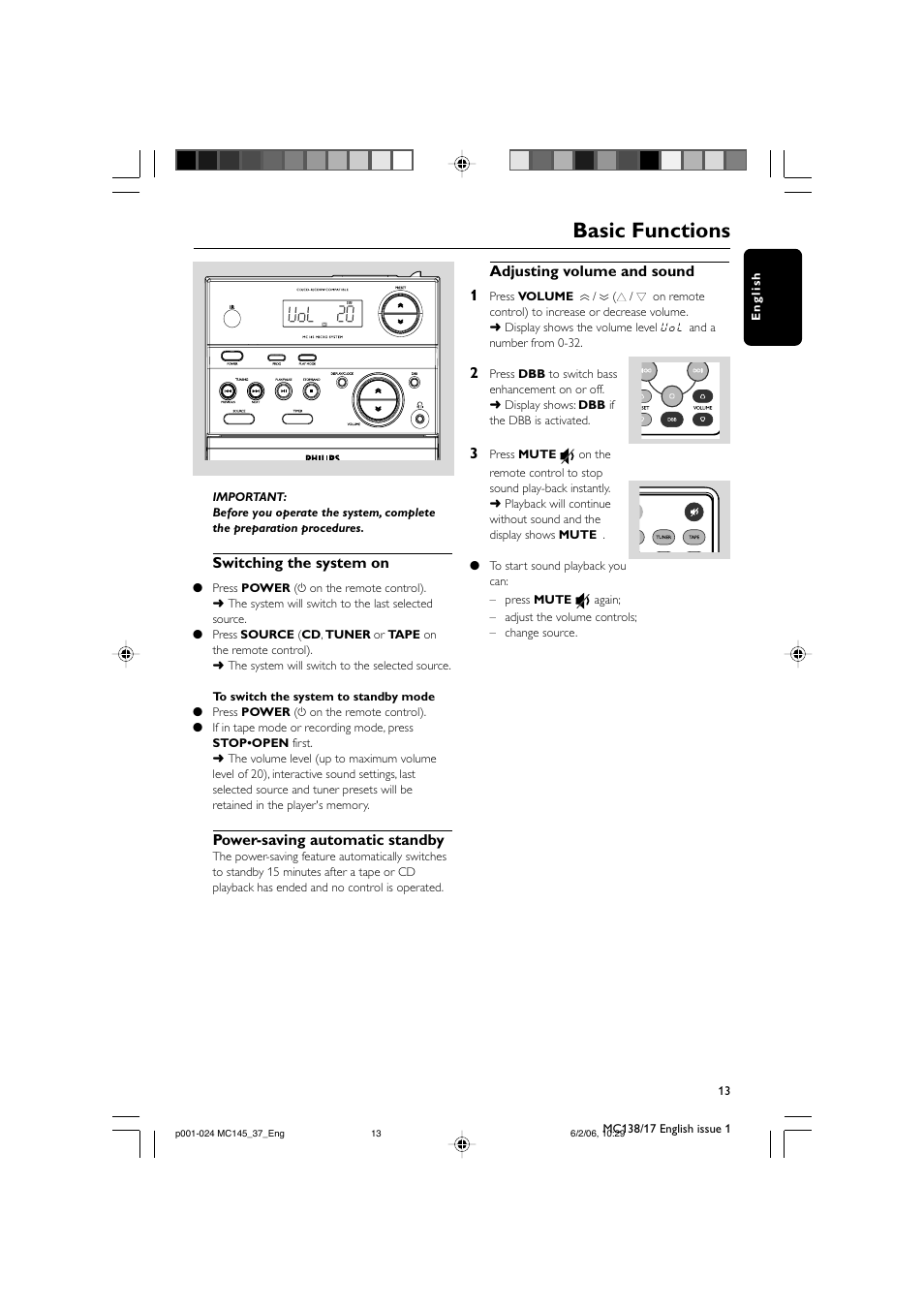 Basic functions | Philips MC145-37 User Manual | Page 13 / 23