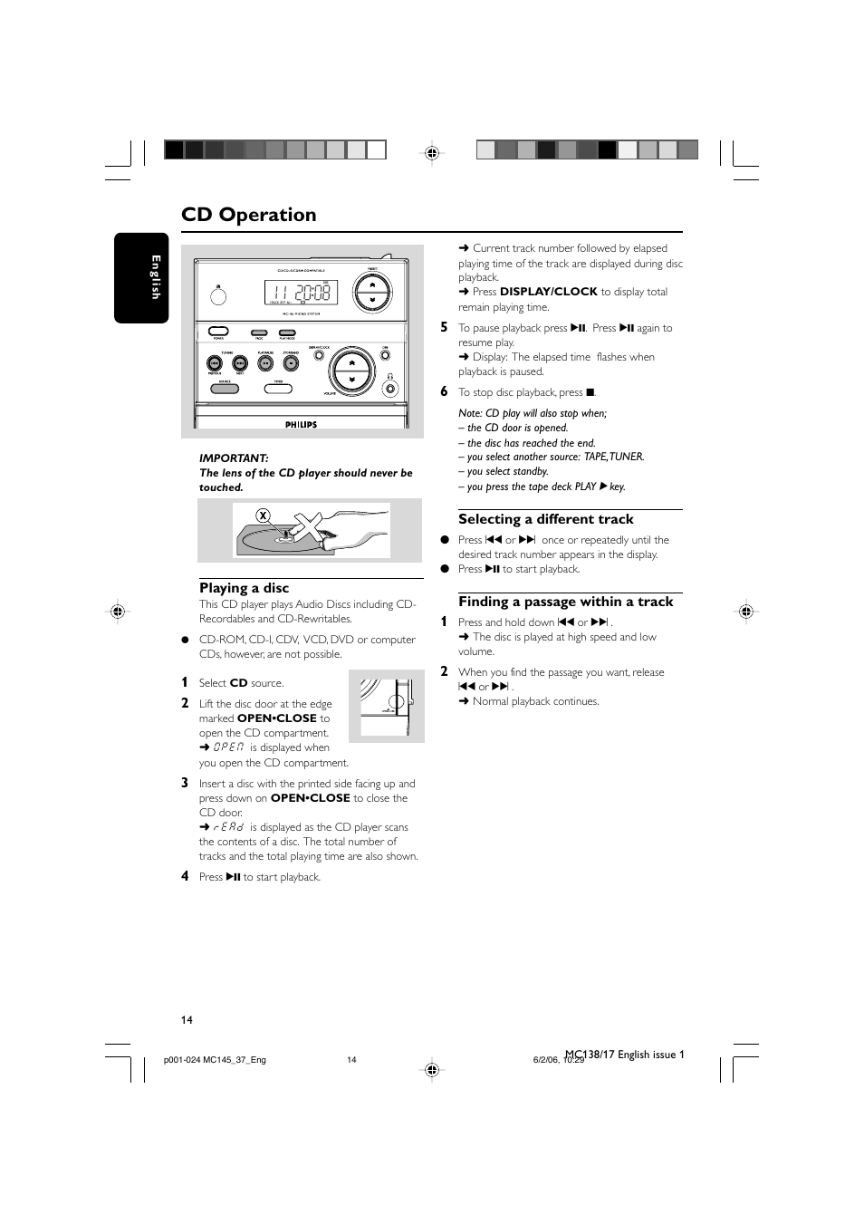 Cd operation | Philips MC145-37 User Manual | Page 14 / 23