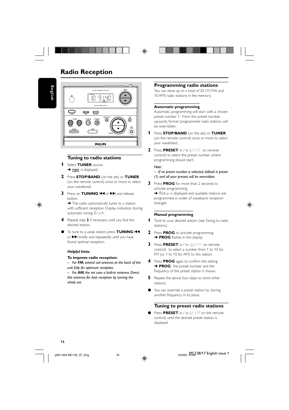 Radio reception | Philips MC145-37 User Manual | Page 16 / 23