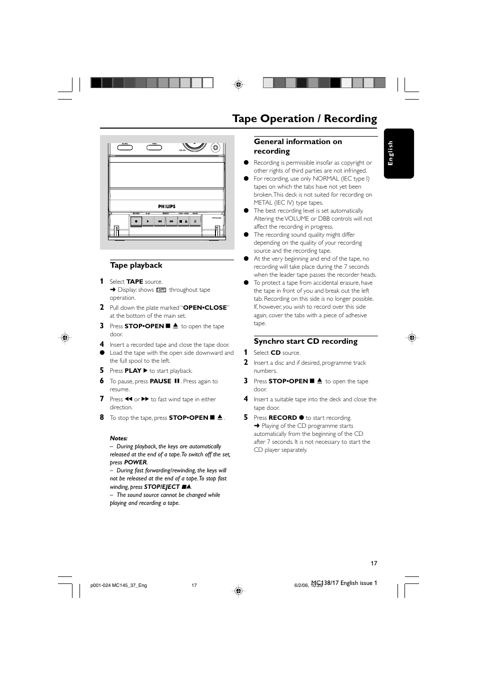 Tape operation / recording | Philips MC145-37 User Manual | Page 17 / 23