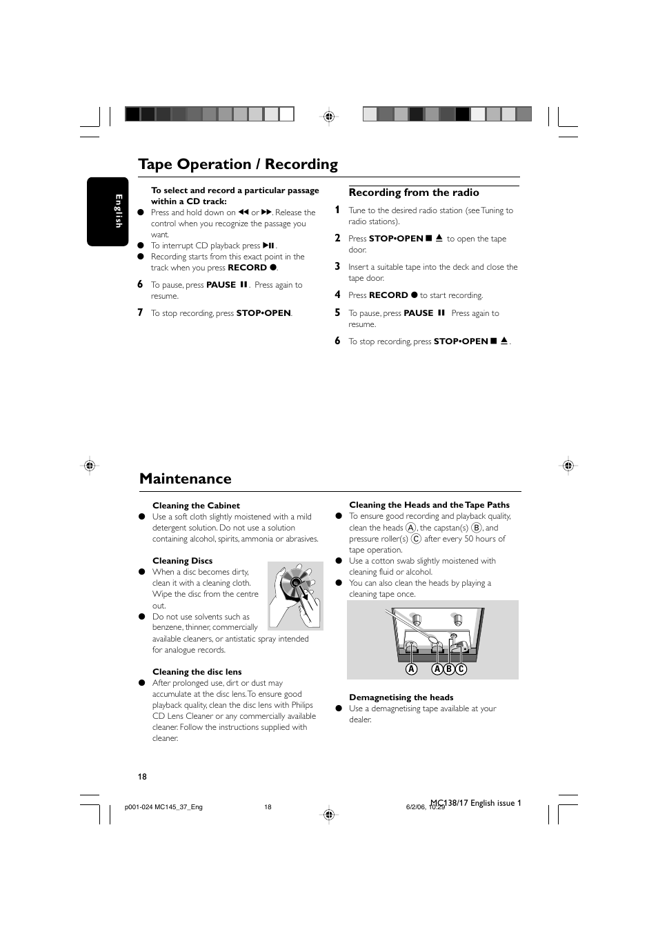 Tape operation / recording, Maintenance | Philips MC145-37 User Manual | Page 18 / 23