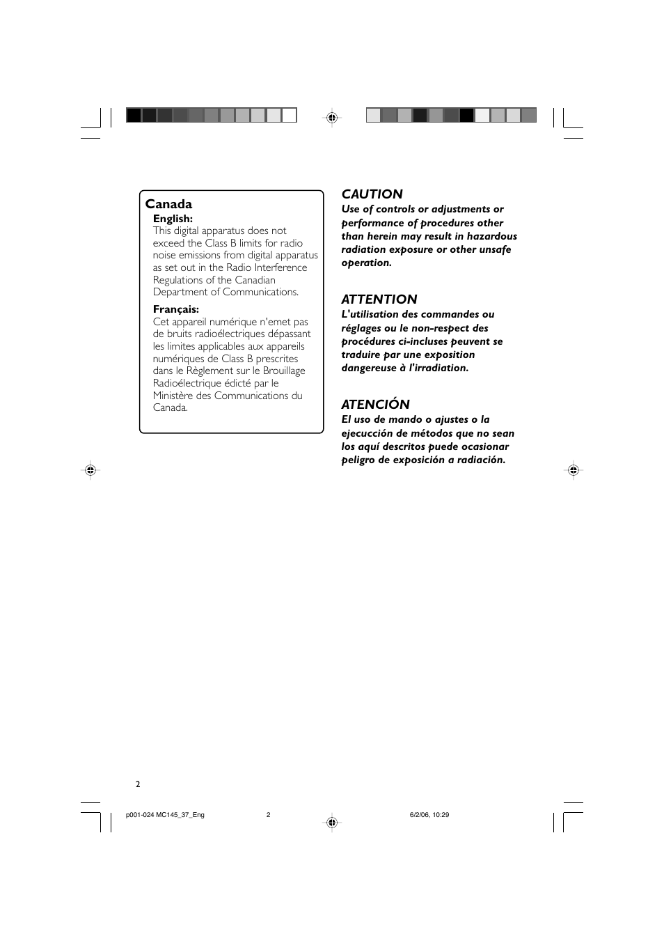 Canada, Caution, Attention | Atención | Philips MC145-37 User Manual | Page 2 / 23