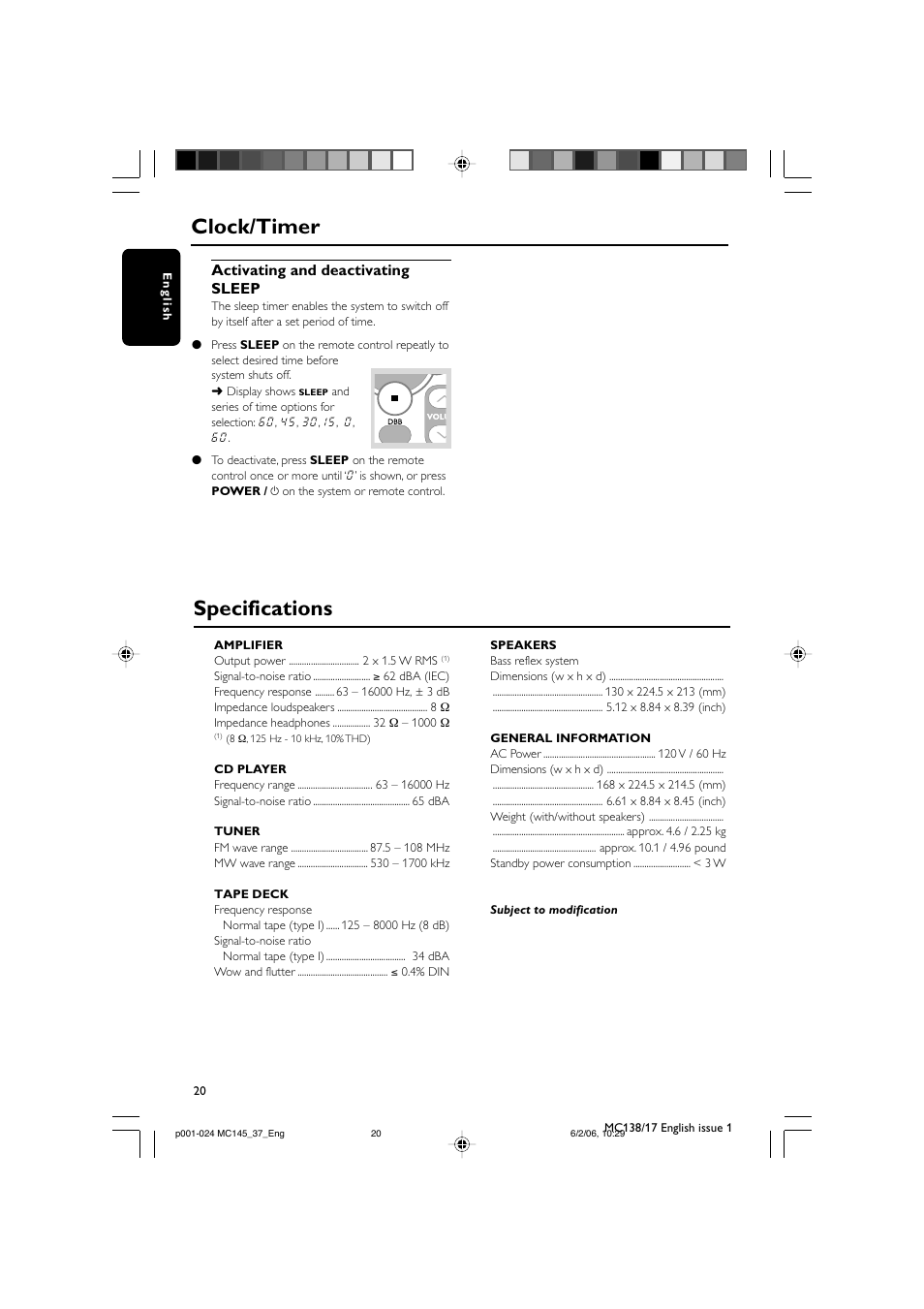 Clock/timer specifications, Activating and deactivating sleep | Philips MC145-37 User Manual | Page 20 / 23