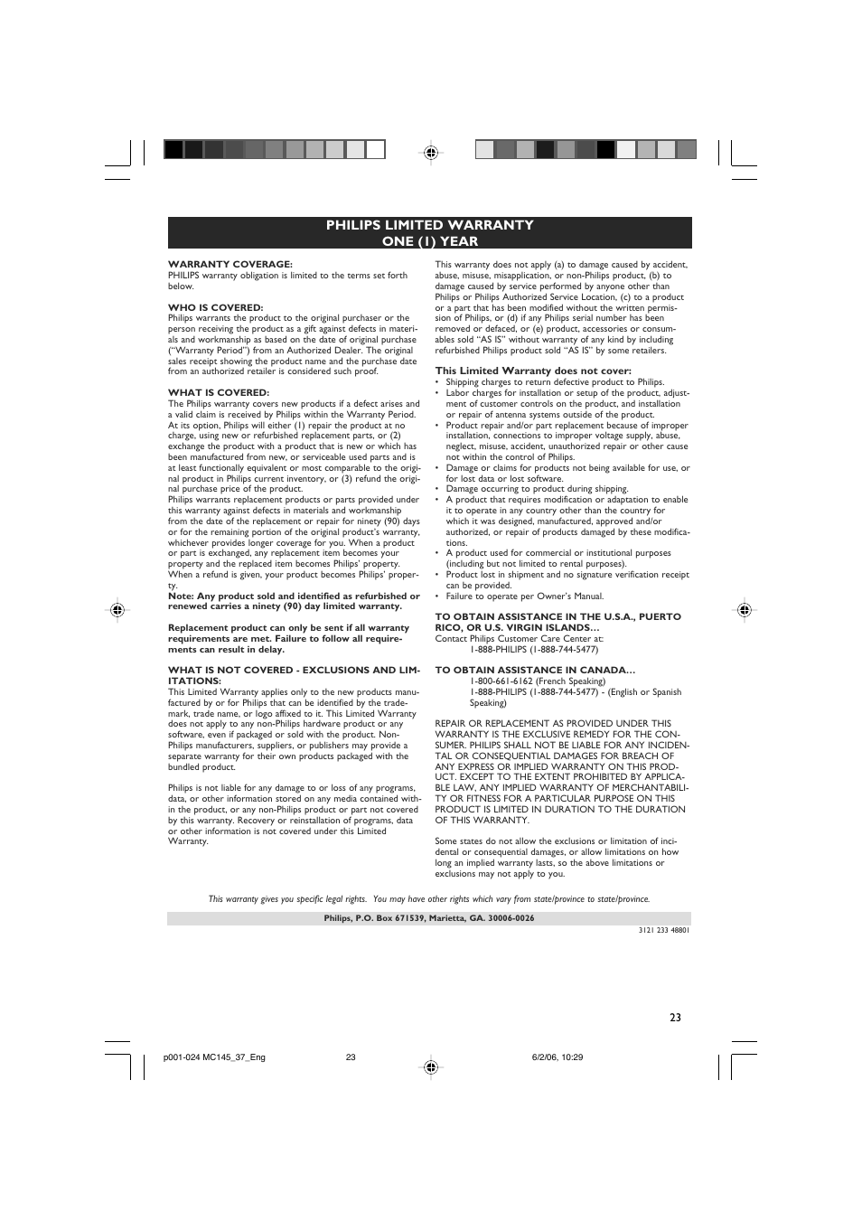 Philips limited warranty one (1) year | Philips MC145-37 User Manual | Page 23 / 23