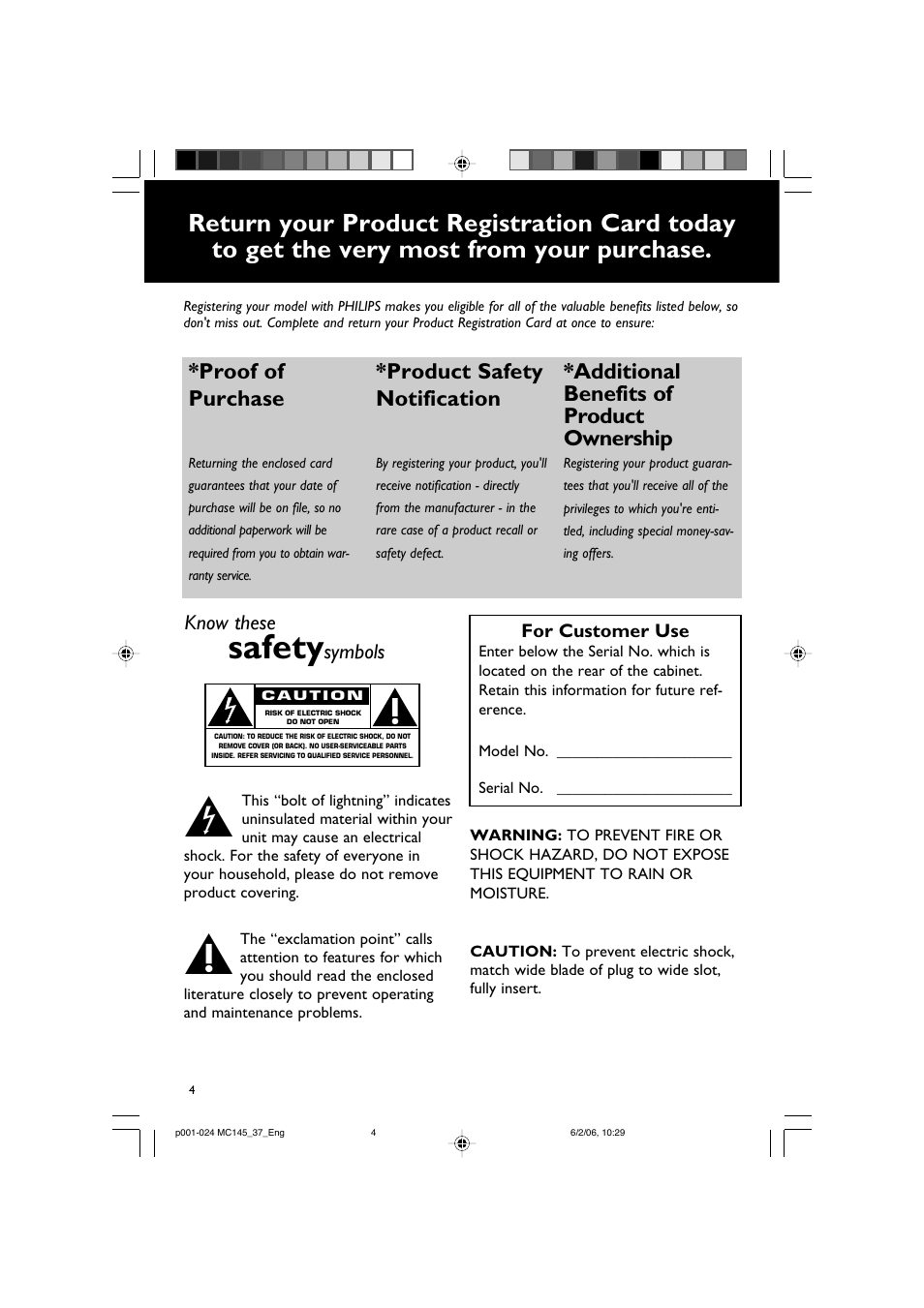 Safety, Proof of purchase, Product safety notification | Additional benefits of product ownership, Know these, Symbols | Philips MC145-37 User Manual | Page 4 / 23