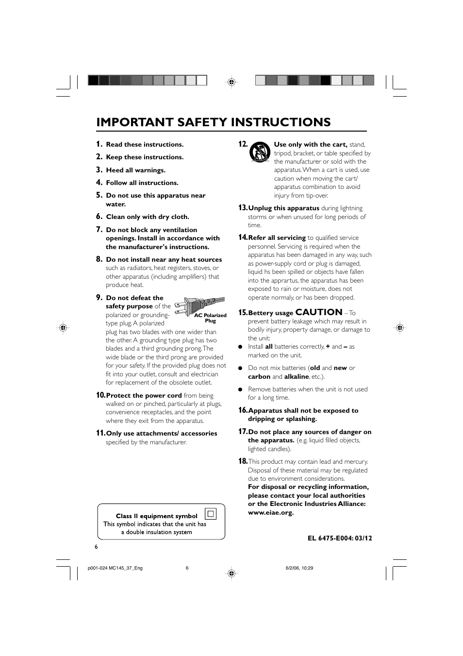 Important safety instructions, Caution | Philips MC145-37 User Manual | Page 6 / 23