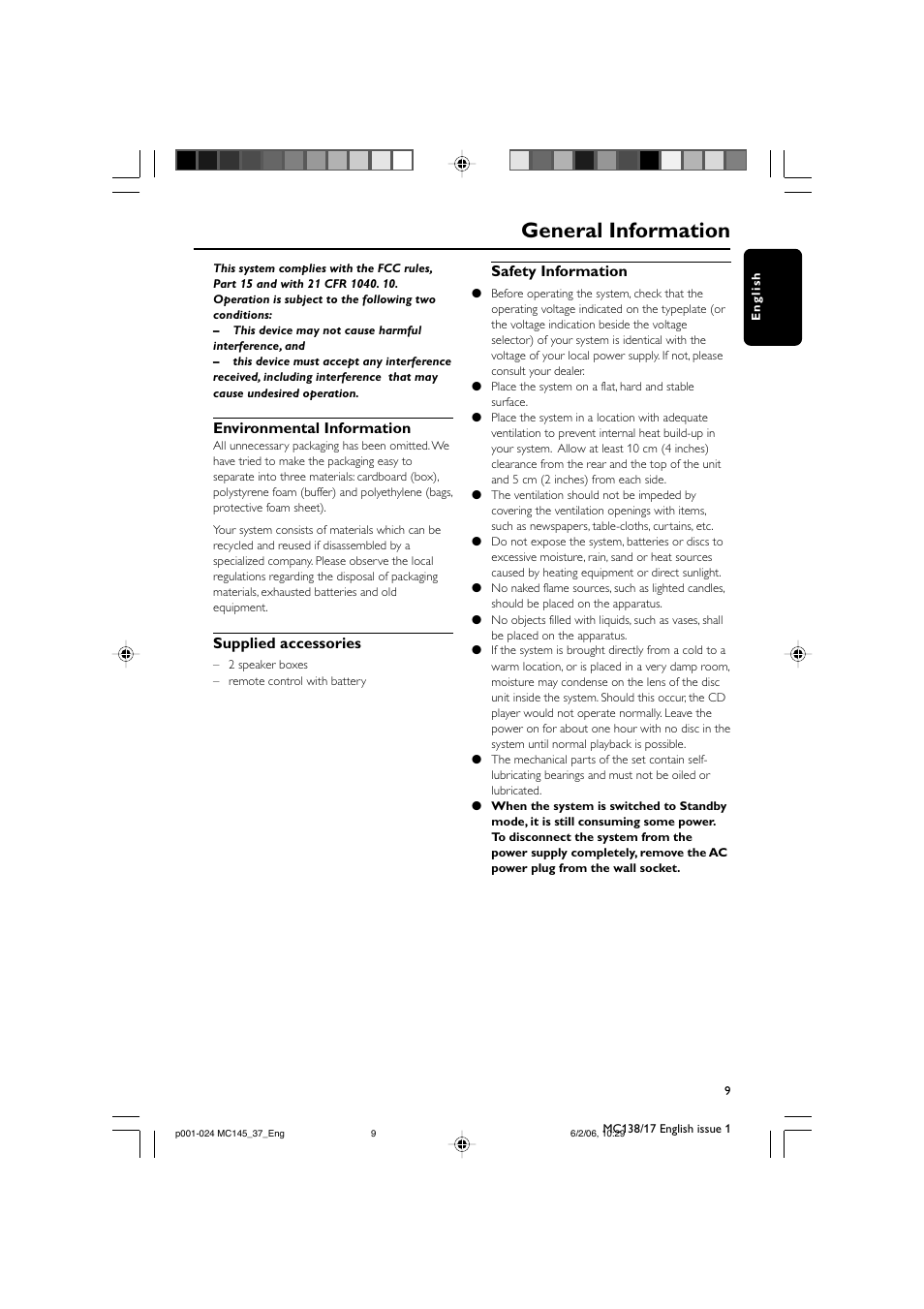 General information, Environmental information, Supplied accessories | Safety information | Philips MC145-37 User Manual | Page 9 / 23