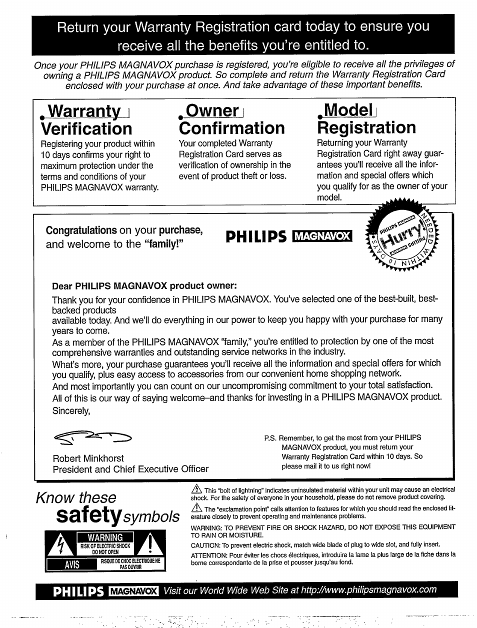 Warranty i verification, Owner i confirmation, Modeii registration | Philips, S gty, Know these, Symbols, Magnavox, Philips esms ¡53 | Philips DVD405AT98 User Manual | Page 2 / 48