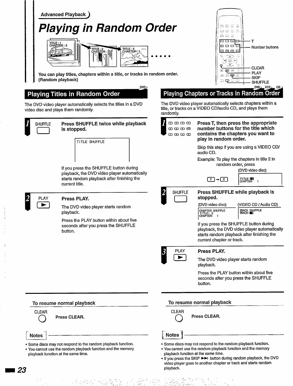 Playing titles in random order, Playing chapters or tracks in random order, Playing in random order | Philips DVD405AT98 User Manual | Page 24 / 48