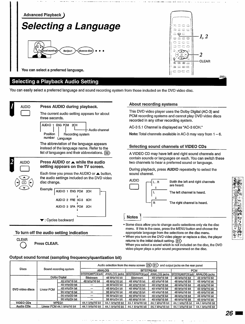 Selecting a playback audio setting, Press audio during playback, About recording systems | Selecting sound channeis of video cds, Notes, To turn off the audio setting indication, Selecting a language | Philips DVD405AT98 User Manual | Page 27 / 48