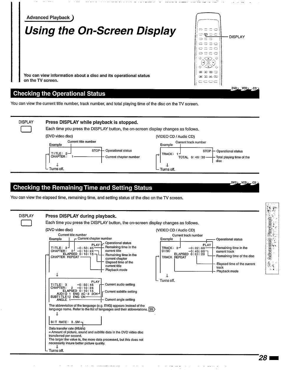 Checking the operational status, Press display while playback is stopped, Checking the remaining time and setting status | Display press display during playback, Using the on-screen display, Advanced playback j | Philips DVD405AT98 User Manual | Page 29 / 48