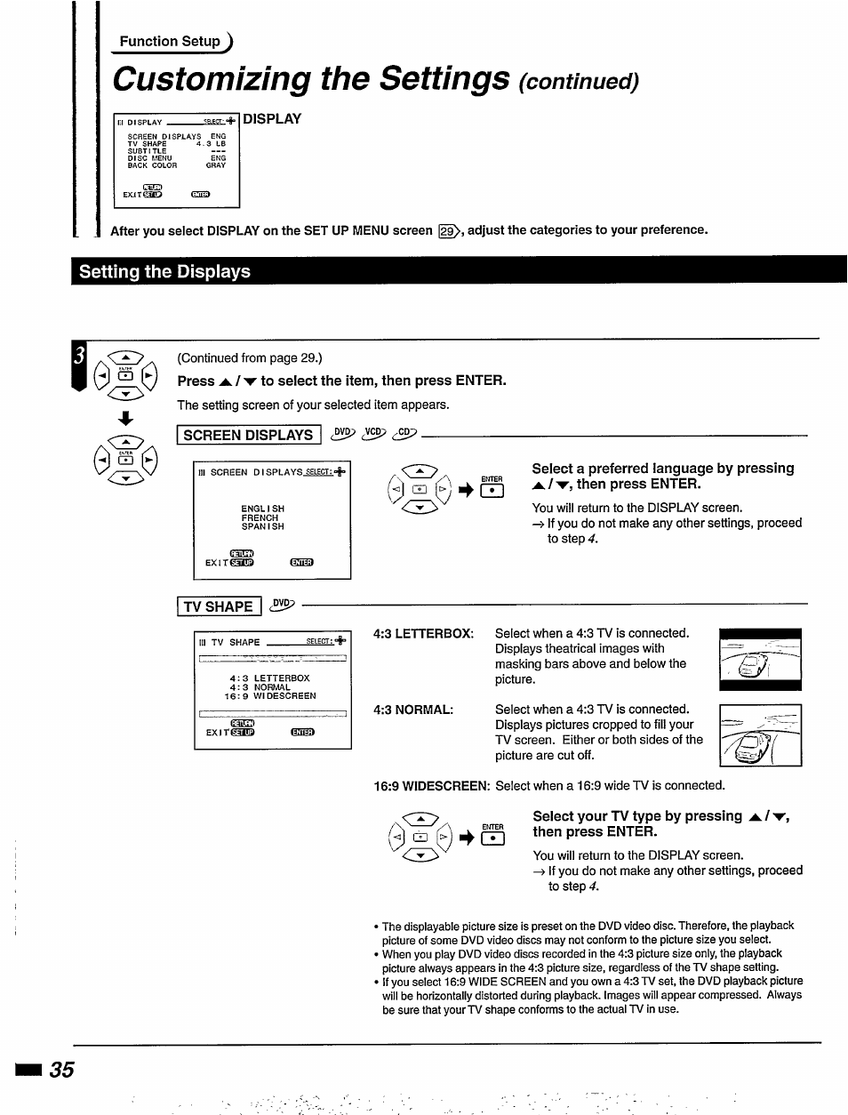 Display, Setting the displays, Screen displays | Tv shape, 4czd, Customizing the settings, Continued) | Philips DVD405AT98 User Manual | Page 36 / 48