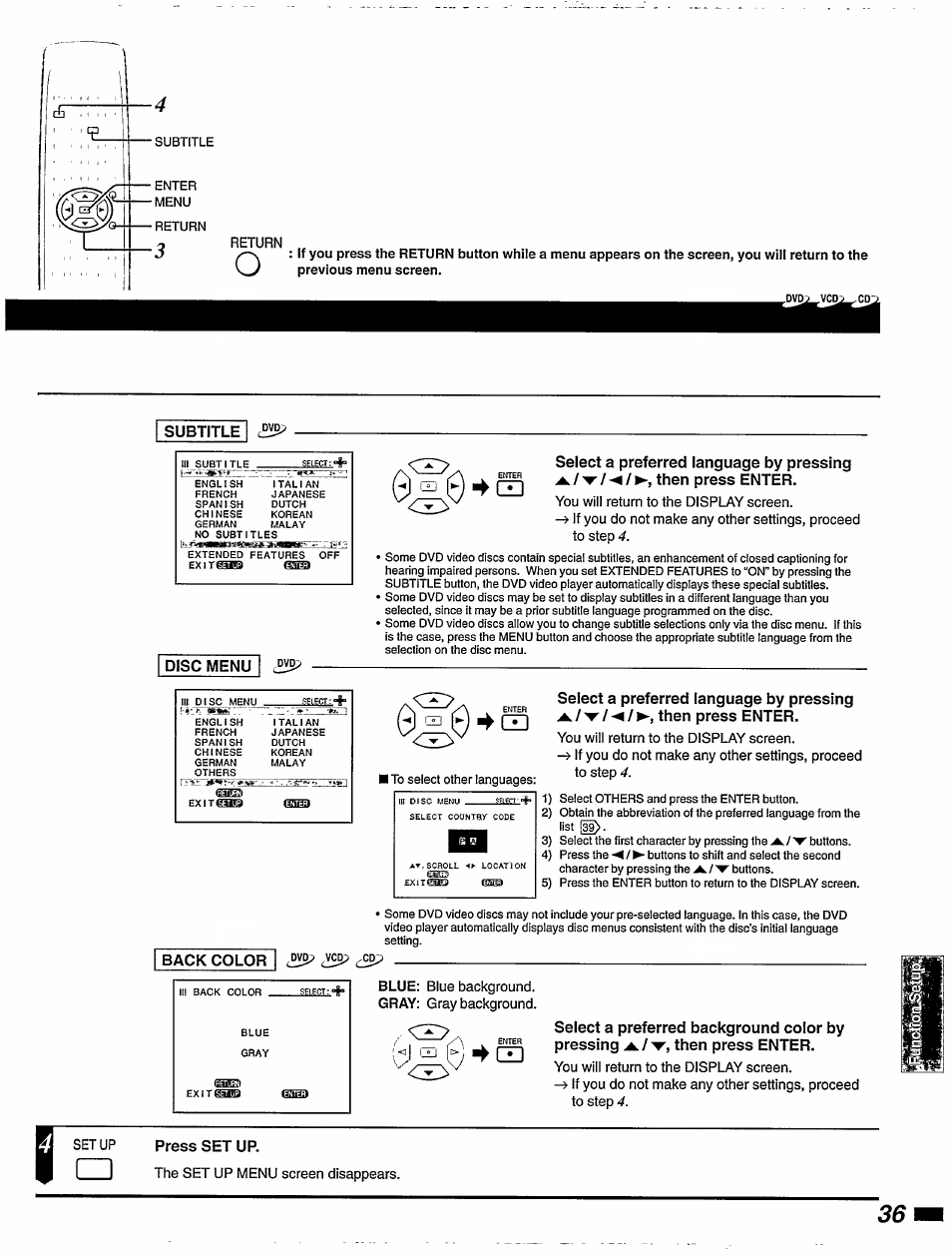 Subtitle, Disc menu, Back color | Setup press set up | Philips DVD405AT98 User Manual | Page 37 / 48