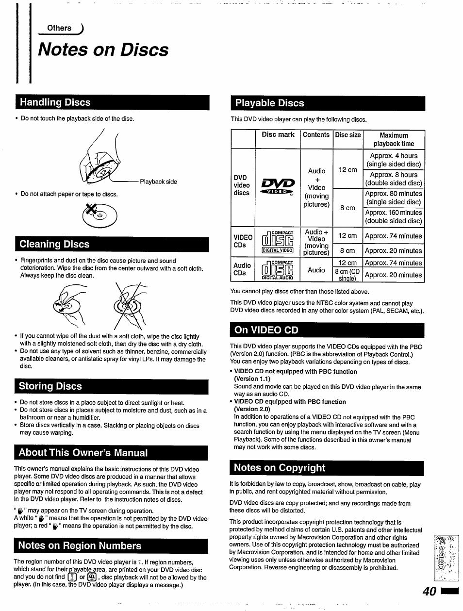 Notes on discs, Handling discs, Cleaning discs | Storing discs, About this owner’s manual, Notes on region numbers, On video cd, Playable discs, I^nai, Olnai | Philips DVD405AT98 User Manual | Page 41 / 48