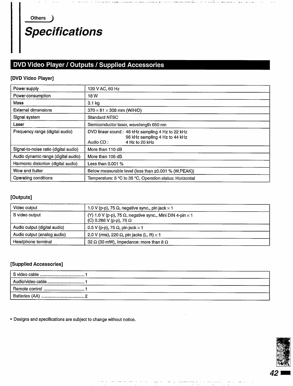 Specifications, Dvd video player / outputs / supplied accessories, Dvd video player | Outputs, Supplied accessories | Philips DVD405AT98 User Manual | Page 43 / 48