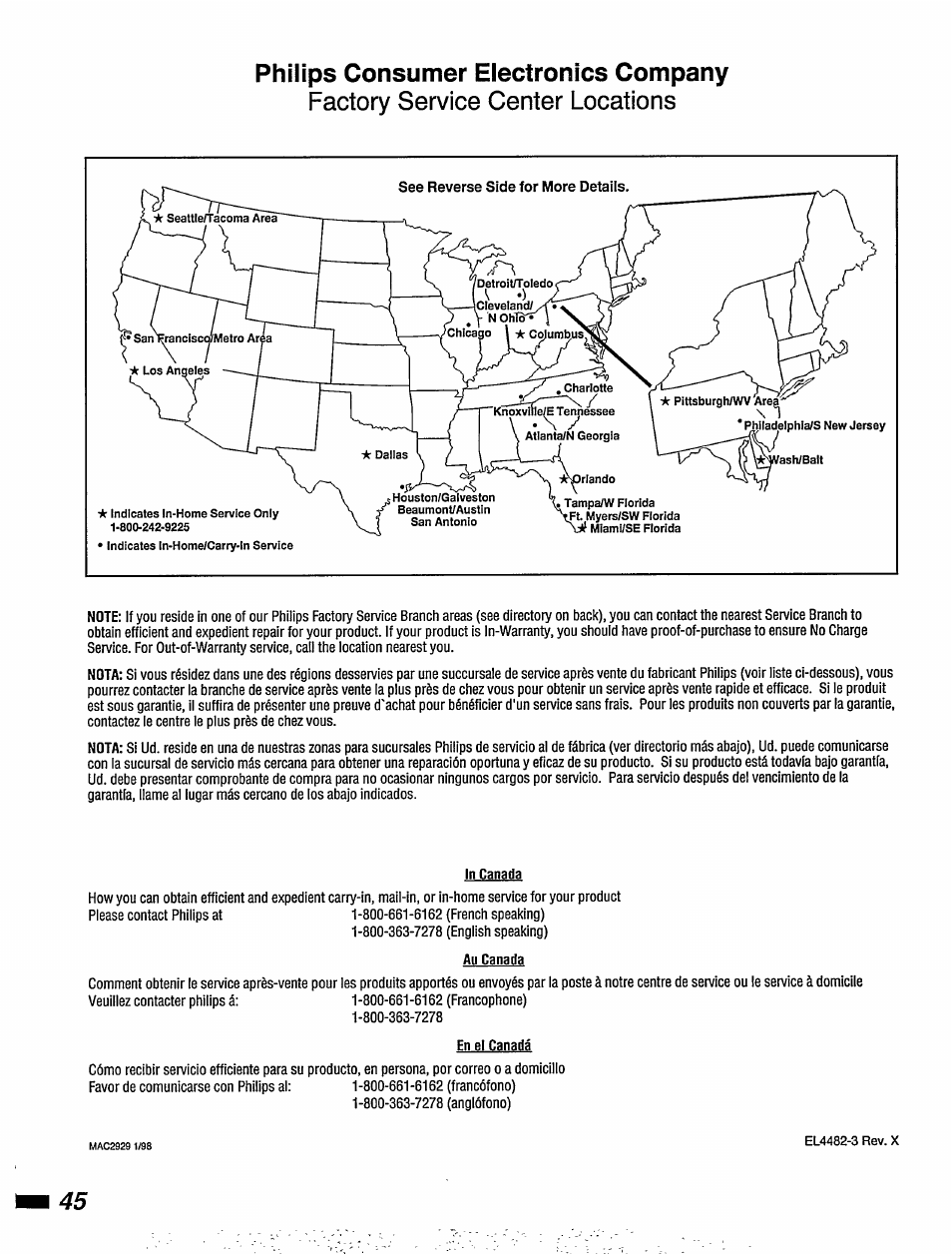 Factory service center locations, Philips consumer electronics company | Philips DVD405AT98 User Manual | Page 46 / 48