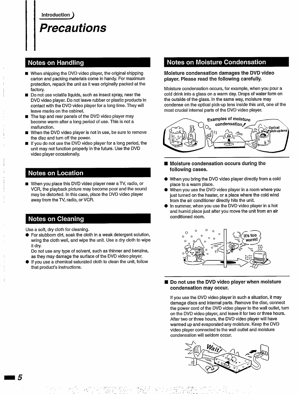 Introduction j, Precautions, Notes on location | Notes on cleaning, Notes on moisture condensation | Philips DVD405AT98 User Manual | Page 6 / 48