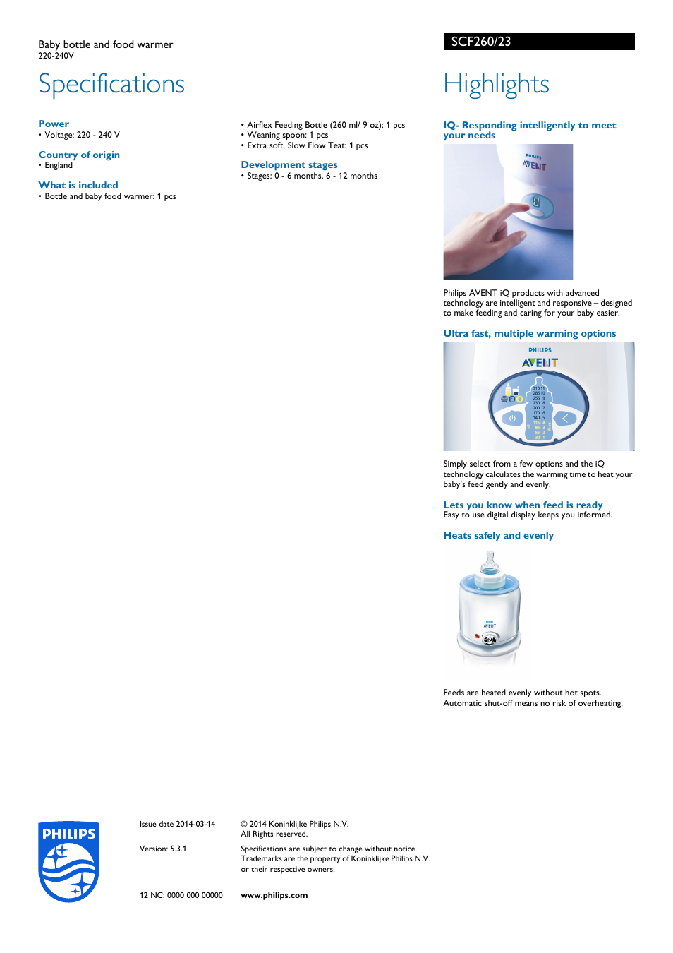 Specifications, Highlights | Philips SCF260-23 User Manual | Page 2 / 2