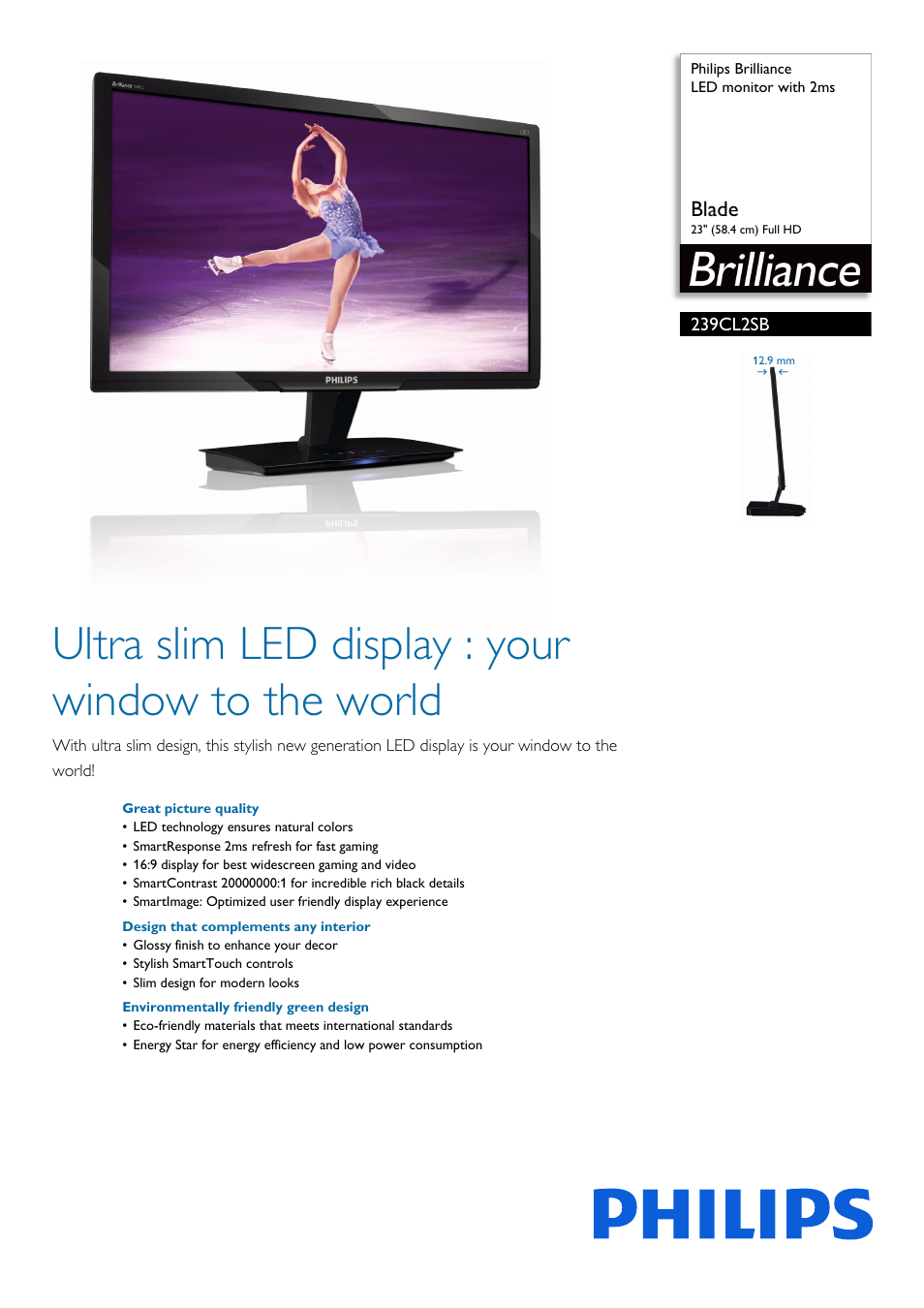 Philips Brilliance LED monitor with 2ms 239CL2SB Blade 23" 58.4 cm Full HD User Manual | 3 pages