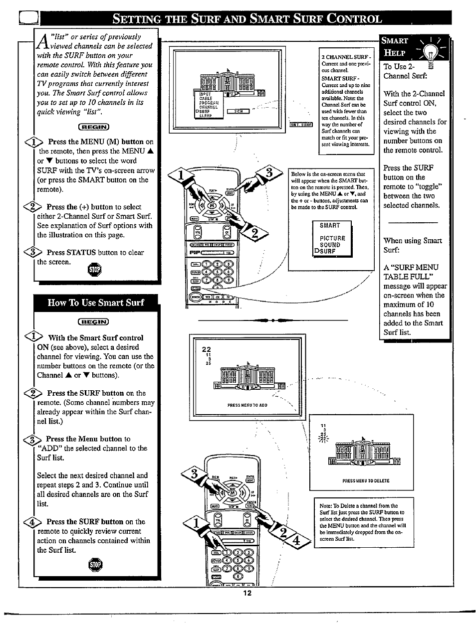 Setting the surf and smart surf control, Setting the surf/smart surf control, Etting | Mart, Ontrol, How to use smart surf | Philips TP2780C User Manual | Page 12 / 40