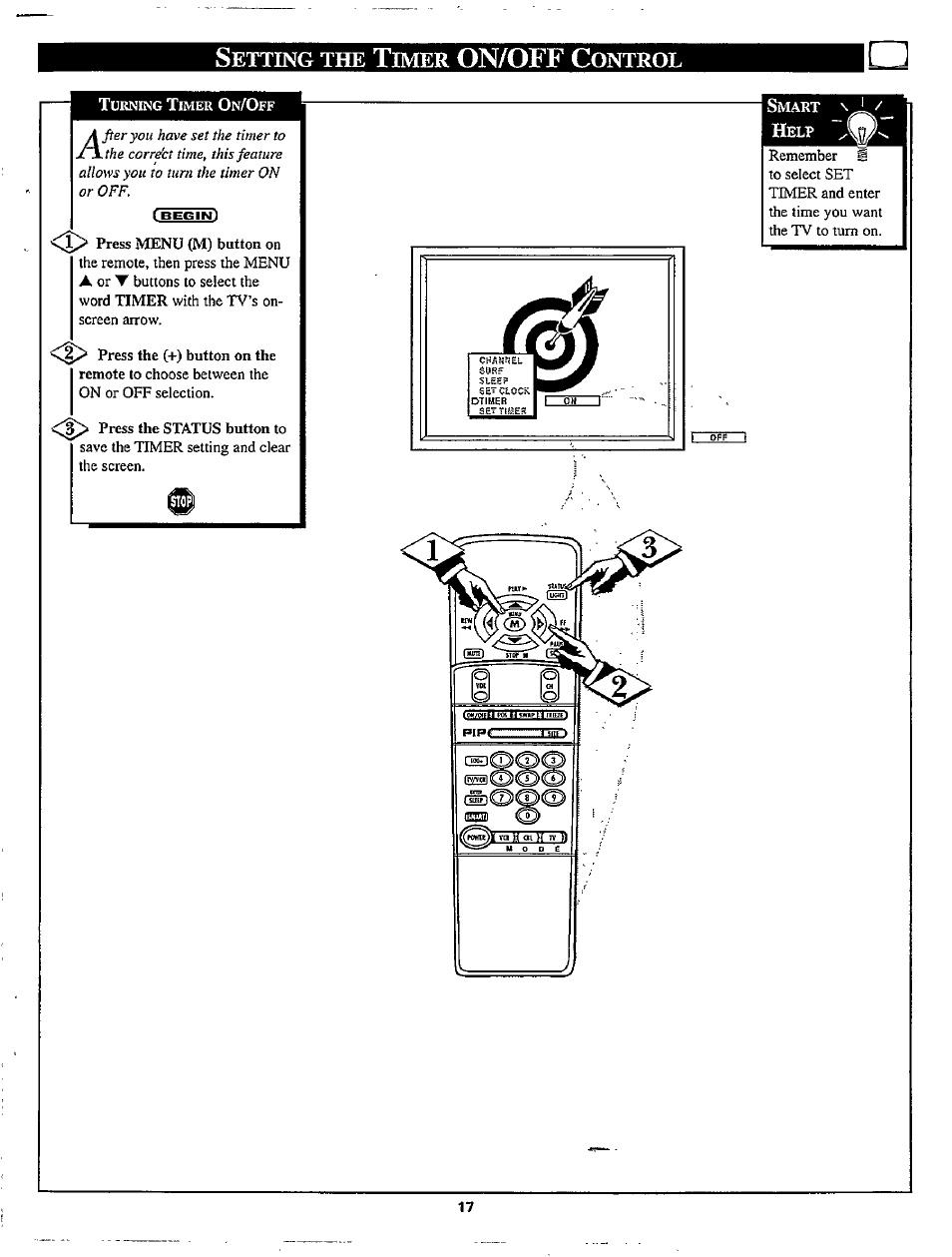 Setting the timer on/off control, Setting the timer on/off, On/off c | Philips TP2780C User Manual | Page 17 / 40