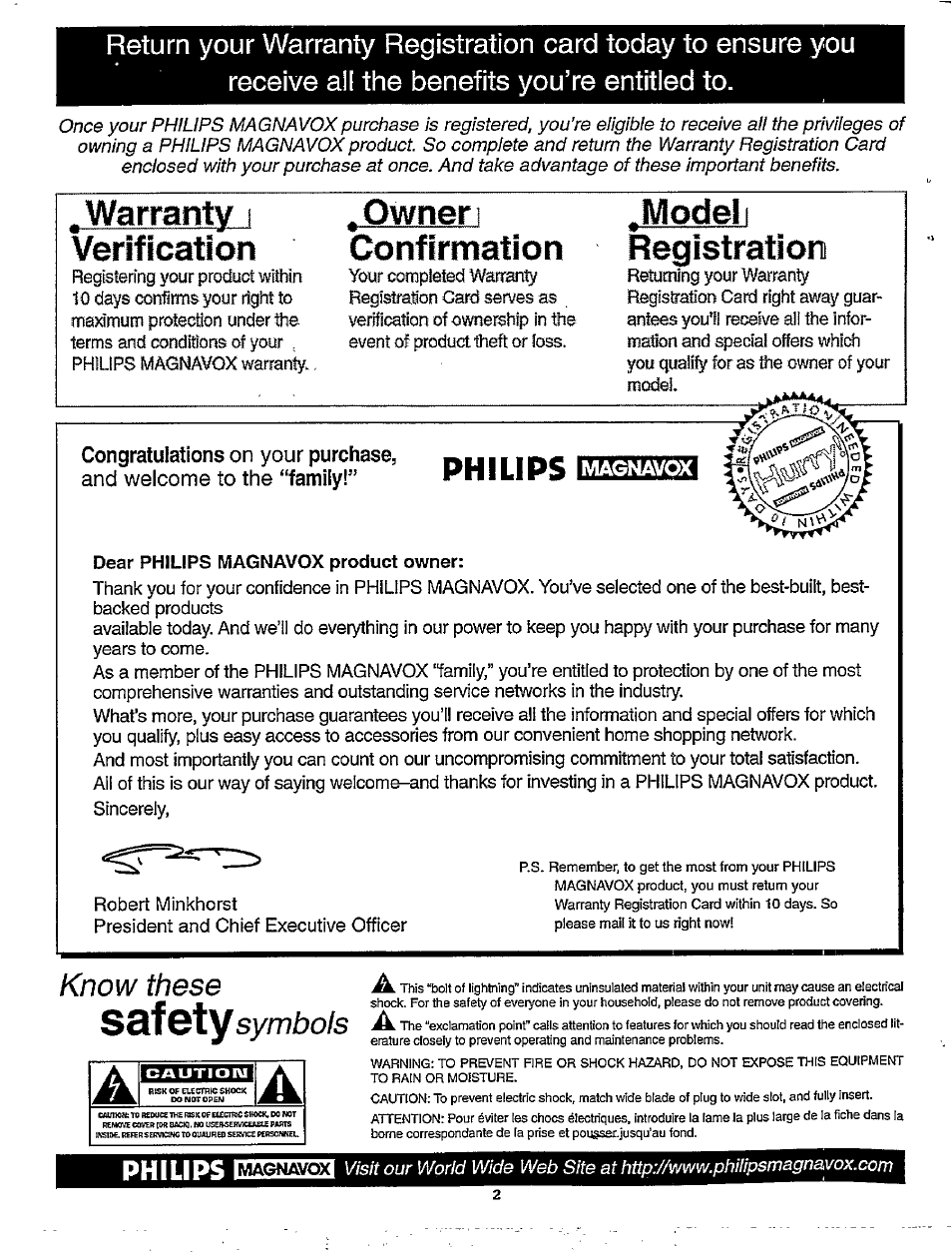 Warranty i verification, Owner 1 confirmation, Model i registration | Philips, Know these, Symbols, Magnavox, Philips ehe | Philips TP2780C User Manual | Page 2 / 40