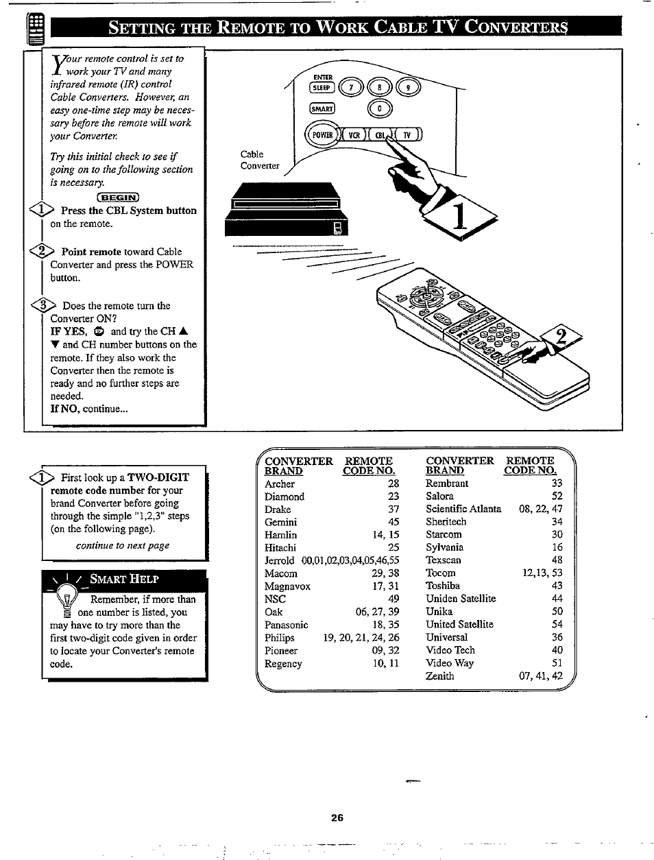 Setting the remote to work cable tv converters, Etting, Emote | Able, Onverters | Philips TP2780C User Manual | Page 26 / 40