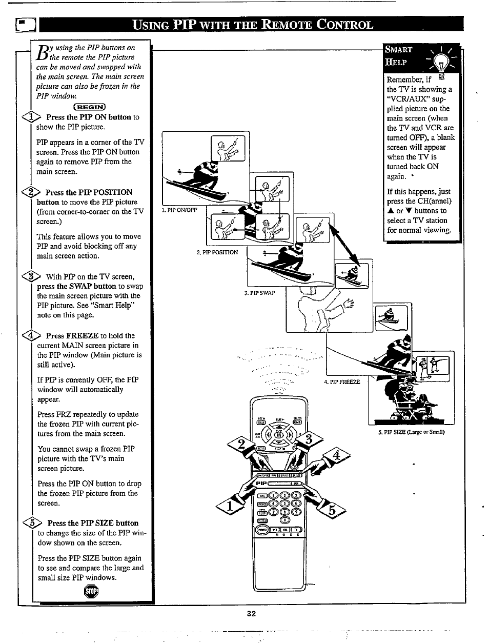 Using pip with the remote control, Using pip with the tv remote | Philips TP2780C User Manual | Page 32 / 40