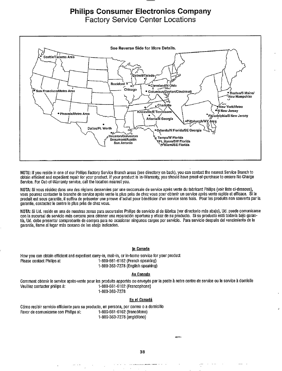 Factory service center locations, Philips consumer electronics company | Philips TP2780C User Manual | Page 38 / 40