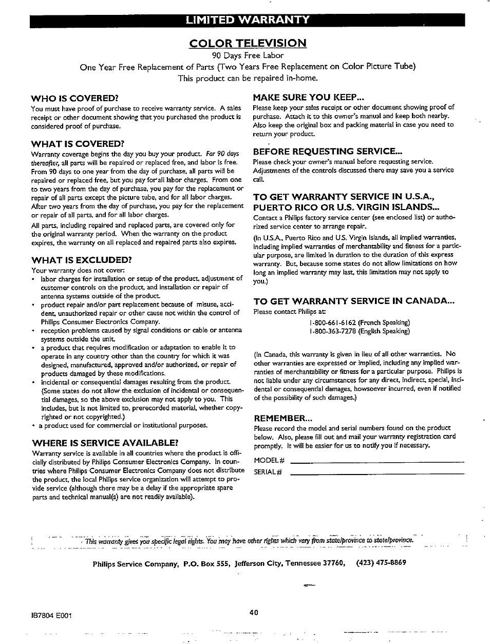 Limited warranty, Color television, Who is covered | What is covered, What is excluded, Where is service available, Make sure you keep, Before requesting service, To get warranty service in canada, Remember | Philips TP2780C User Manual | Page 40 / 40