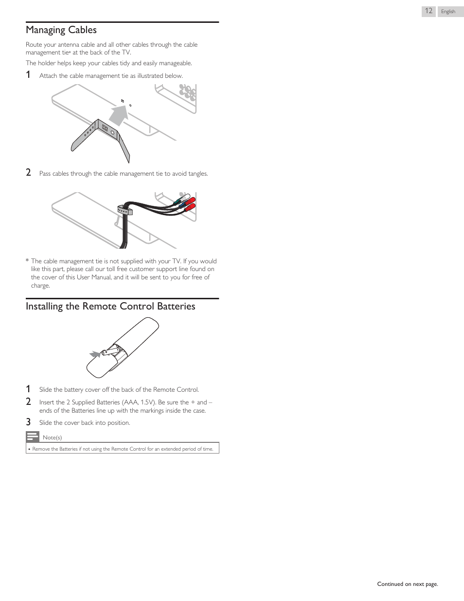 Managing cables, Installing the remote control batteries, Installing the remote control batteries 1 | Philips 32PFL4909-F7 User Manual | Page 12 / 59