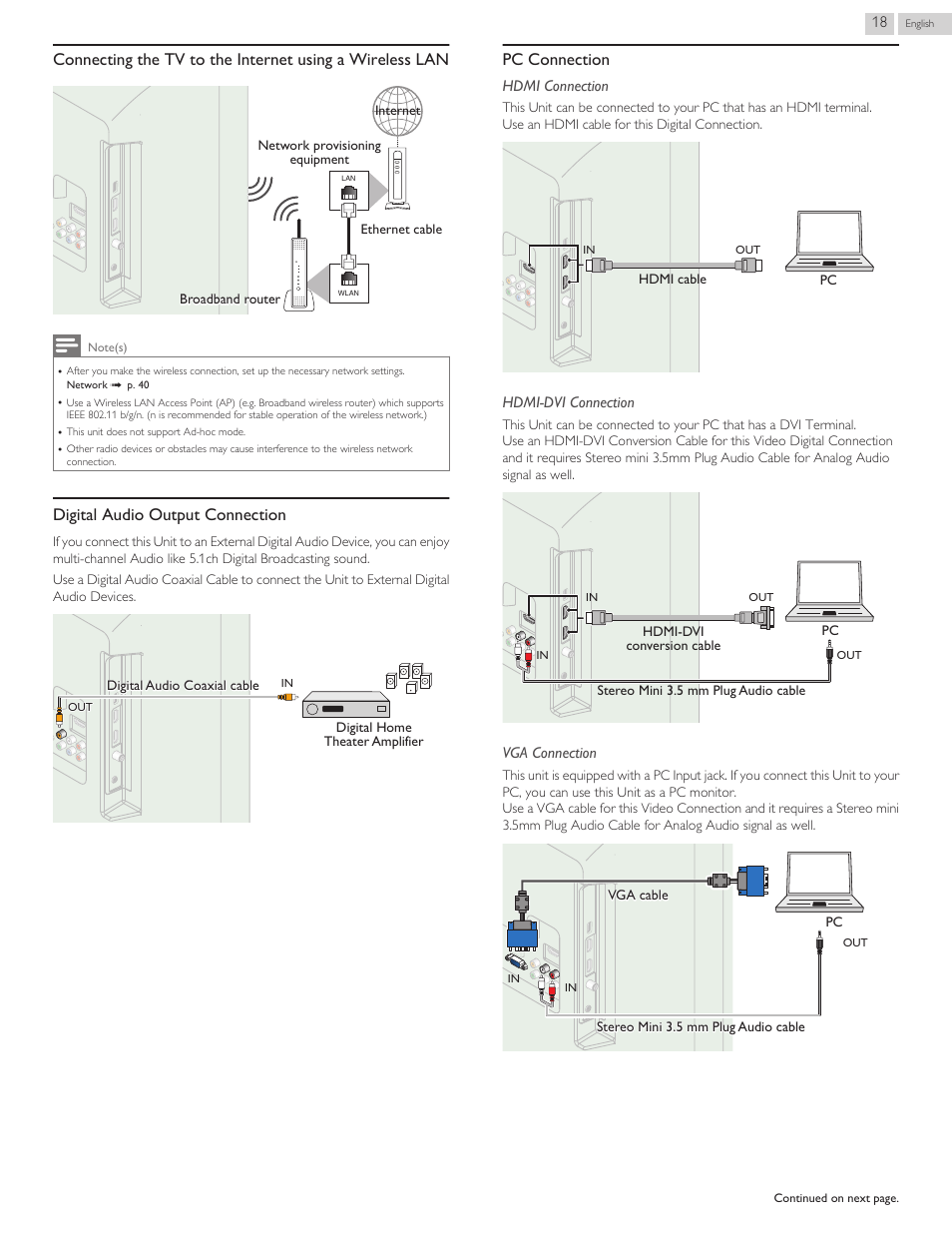 Digital audio output connection, Pc connection | Philips 32PFL4909-F7 User Manual | Page 18 / 59