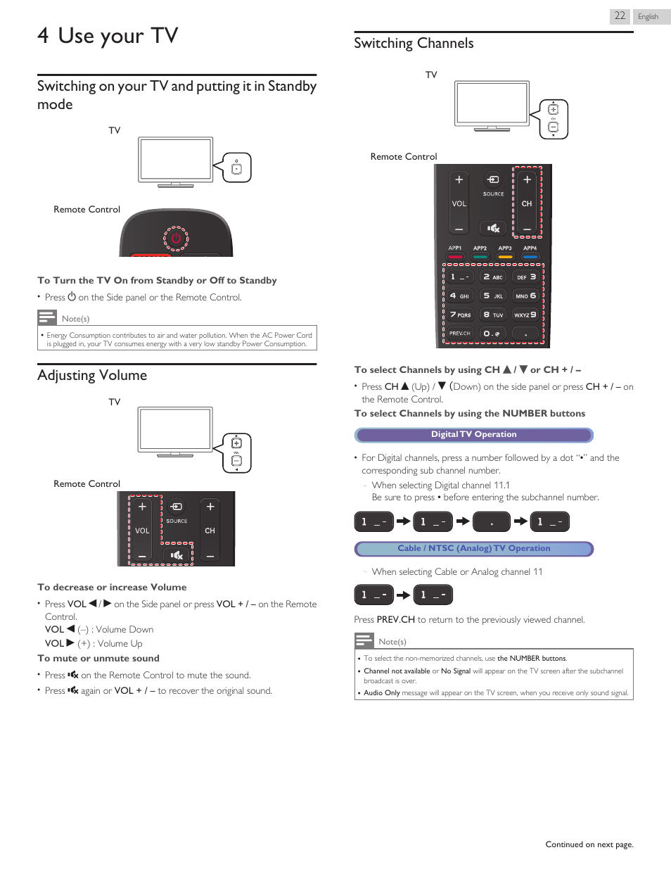 Use your tv, Adjusting volume, Switching channels | 4 use your tv | Philips 32PFL4909-F7 User Manual | Page 22 / 59