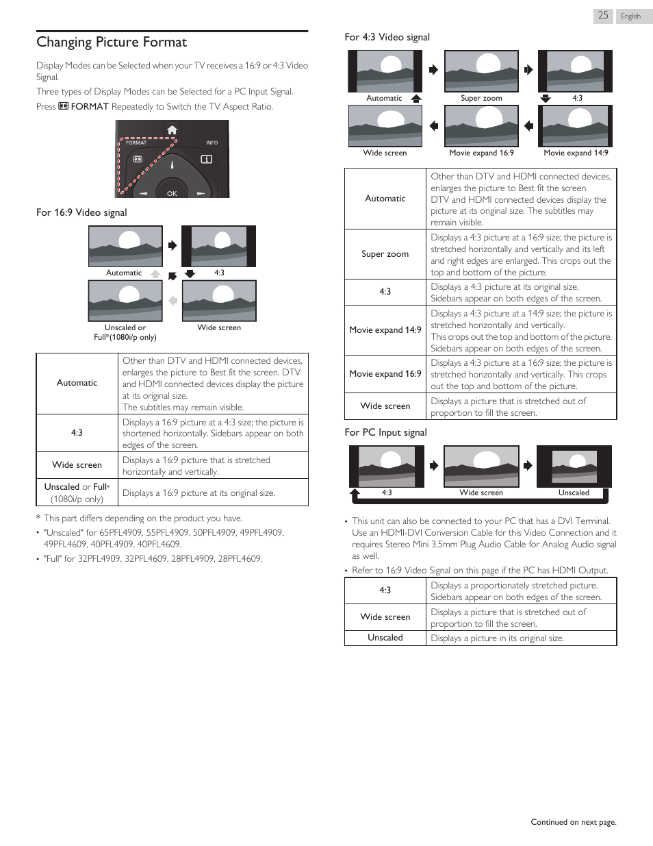 Changing picture format | Philips 32PFL4909-F7 User Manual | Page 25 / 59