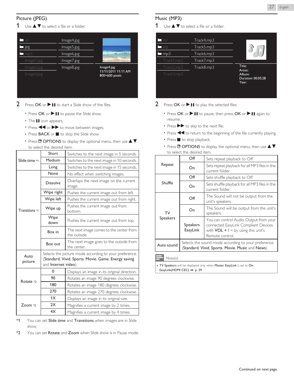 Picture (jpeg), Music (mp3) | Philips 32PFL4909-F7 User Manual | Page 27 / 59