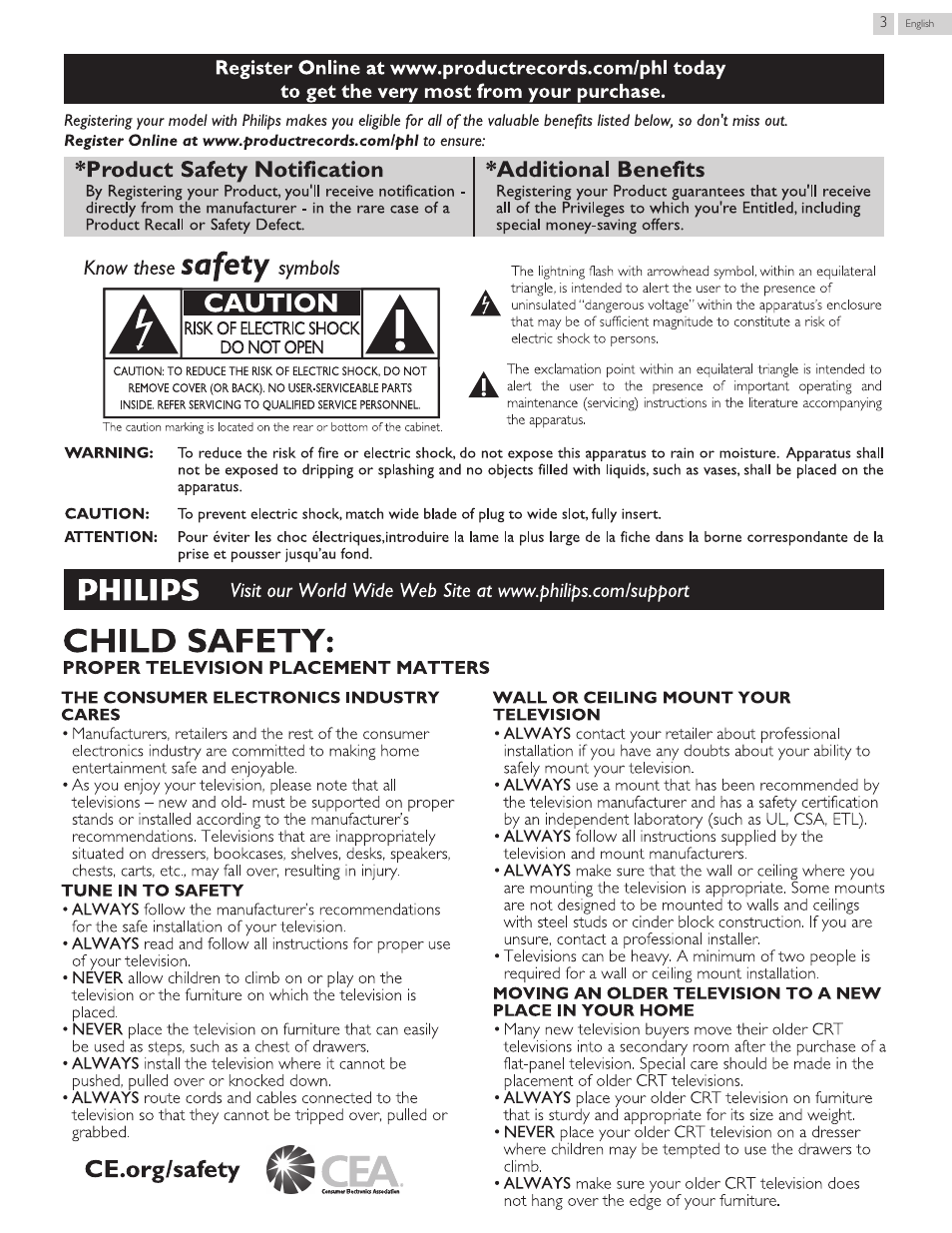 Child safety, Safety, Caution | Product safety notification *additional benefits, Know these, Symbols | Philips 32PFL4909-F7 User Manual | Page 3 / 59