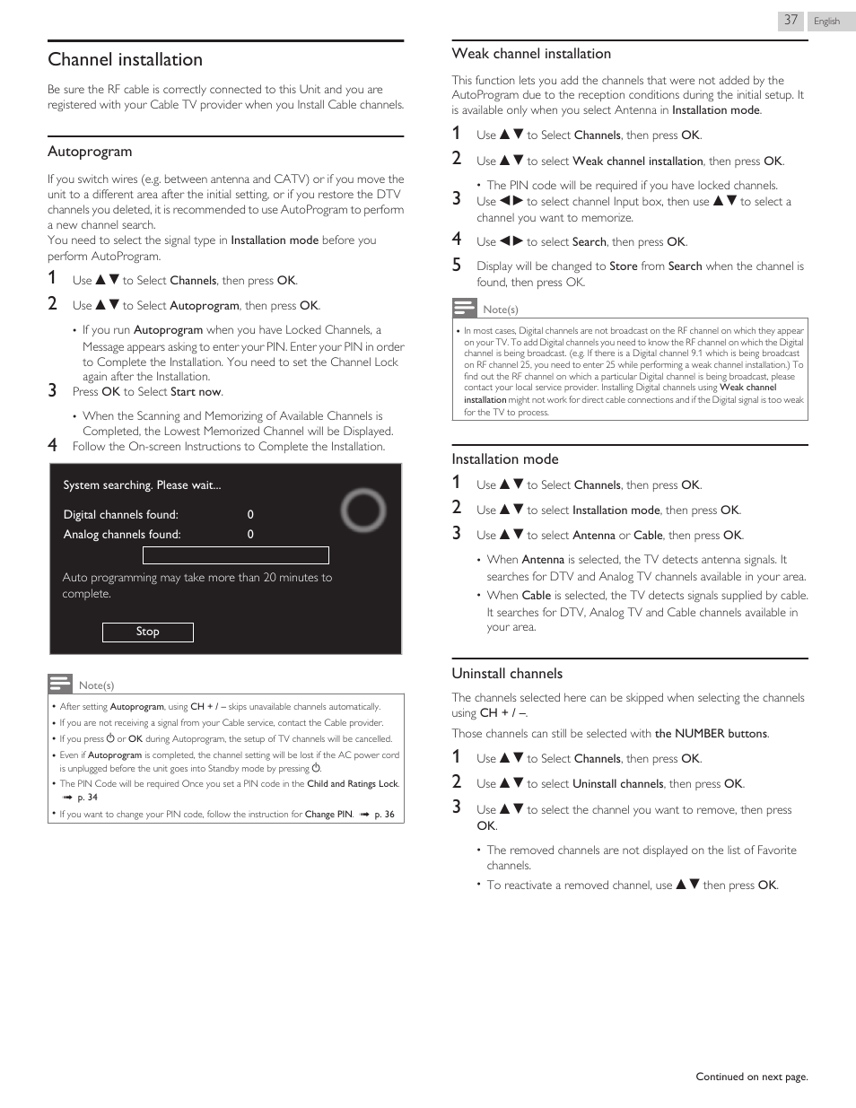 Channel installation, P. 37, Autoprogram l p. 37 | Weak channel installation l p. 37 | Philips 32PFL4909-F7 User Manual | Page 37 / 59