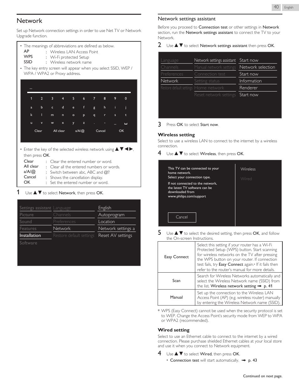 Network, Network l p. 40, Network settings assistant | Philips 32PFL4909-F7 User Manual | Page 40 / 59