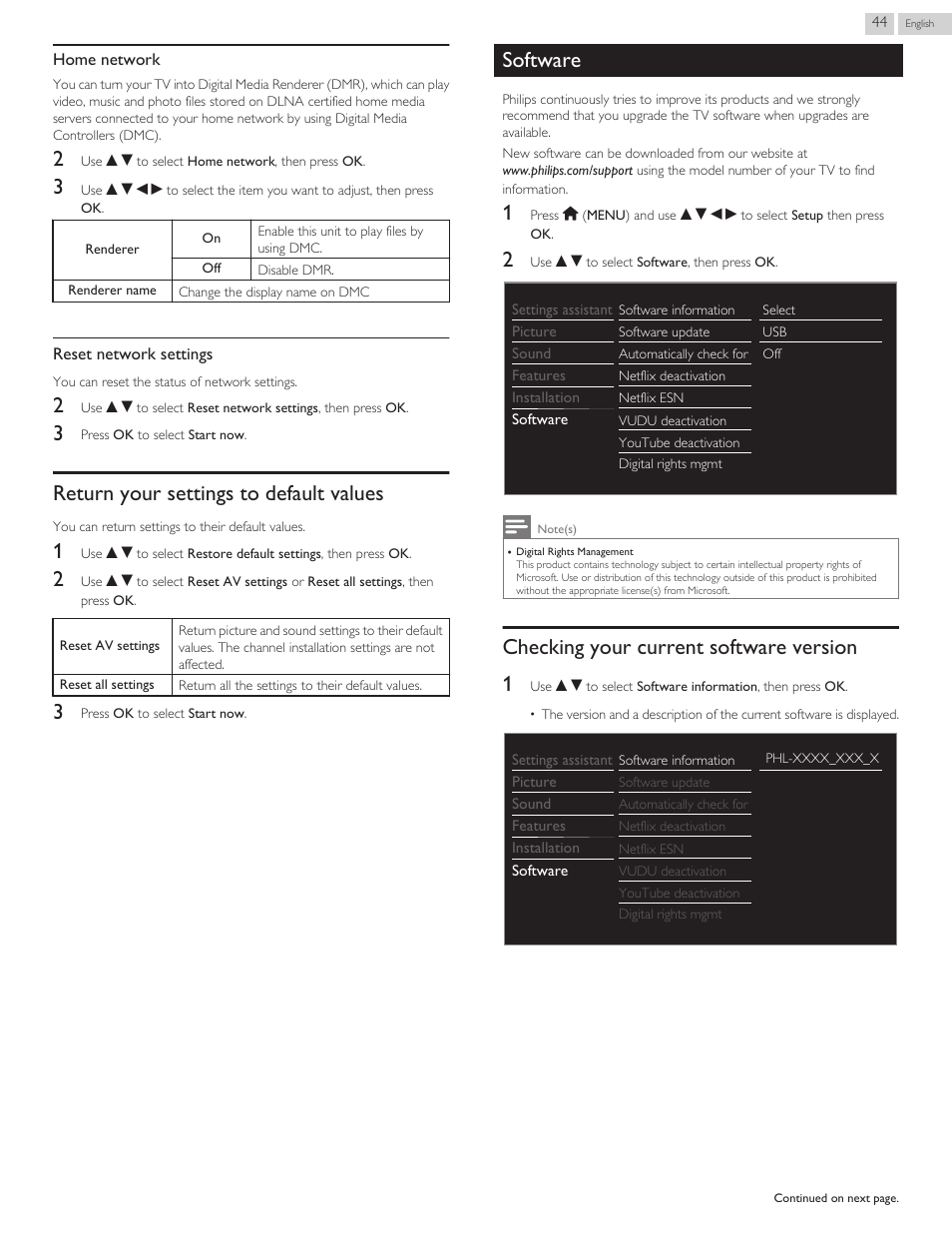 Return your settings to default values, Software, Checking your current software version | L p. 44, Checking your current software version 1 | Philips 32PFL4909-F7 User Manual | Page 44 / 59
