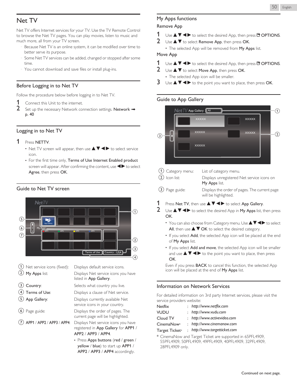 Net tv, Country l p. 50, Before logging in to net tv | Logging in to net tv, Guide to net tv screen, My apps functions, Guide to app gallery, Information on network services | Philips 32PFL4909-F7 User Manual | Page 50 / 59