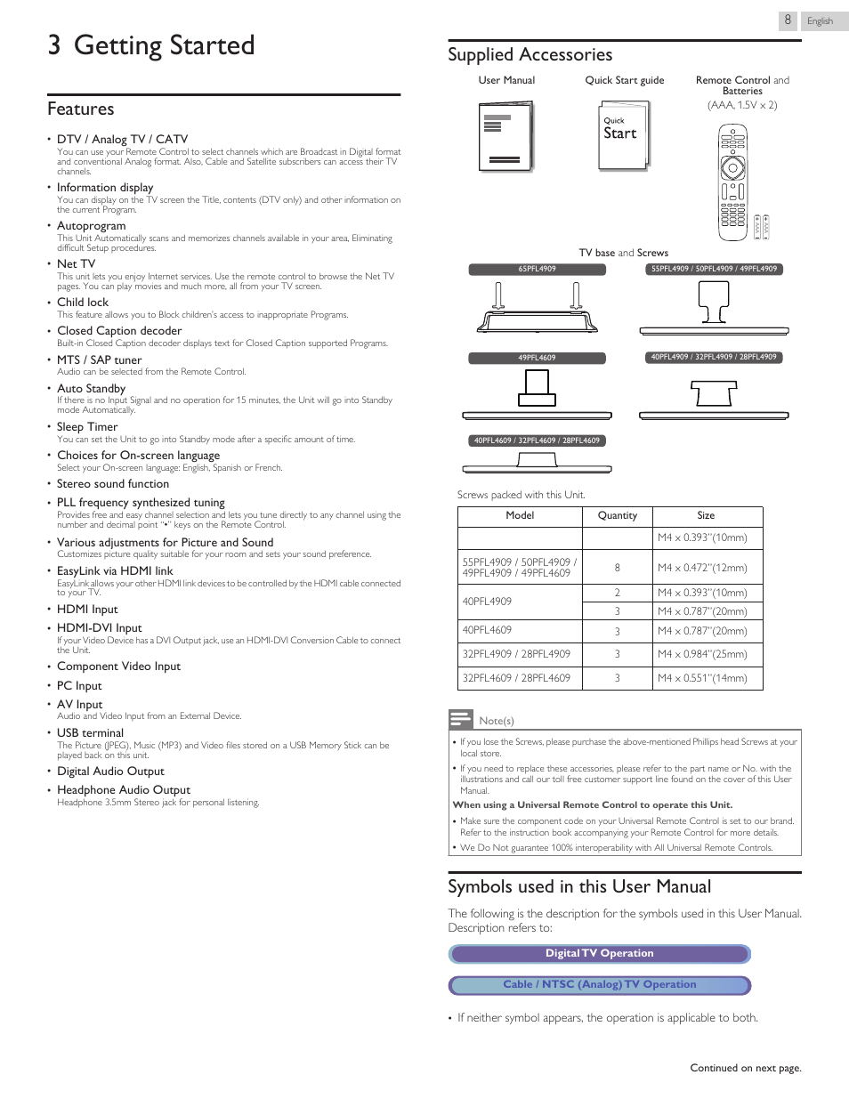 Getting started, Features, Supplied accessories | Symbols used in this user manual, 3 getting started | Philips 32PFL4909-F7 User Manual | Page 8 / 59