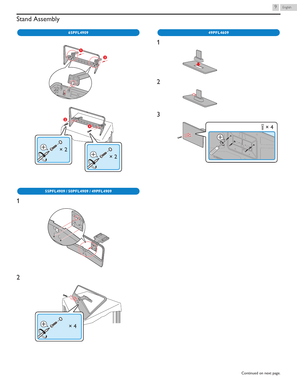 Stand assembly | Philips 32PFL4909-F7 User Manual | Page 9 / 59
