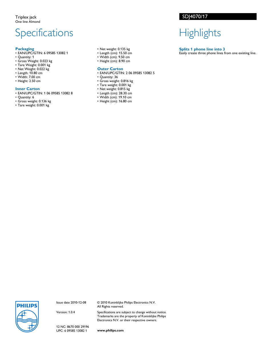 Specifications, Highlights | Philips SDJ4070-17 User Manual | Page 2 / 2