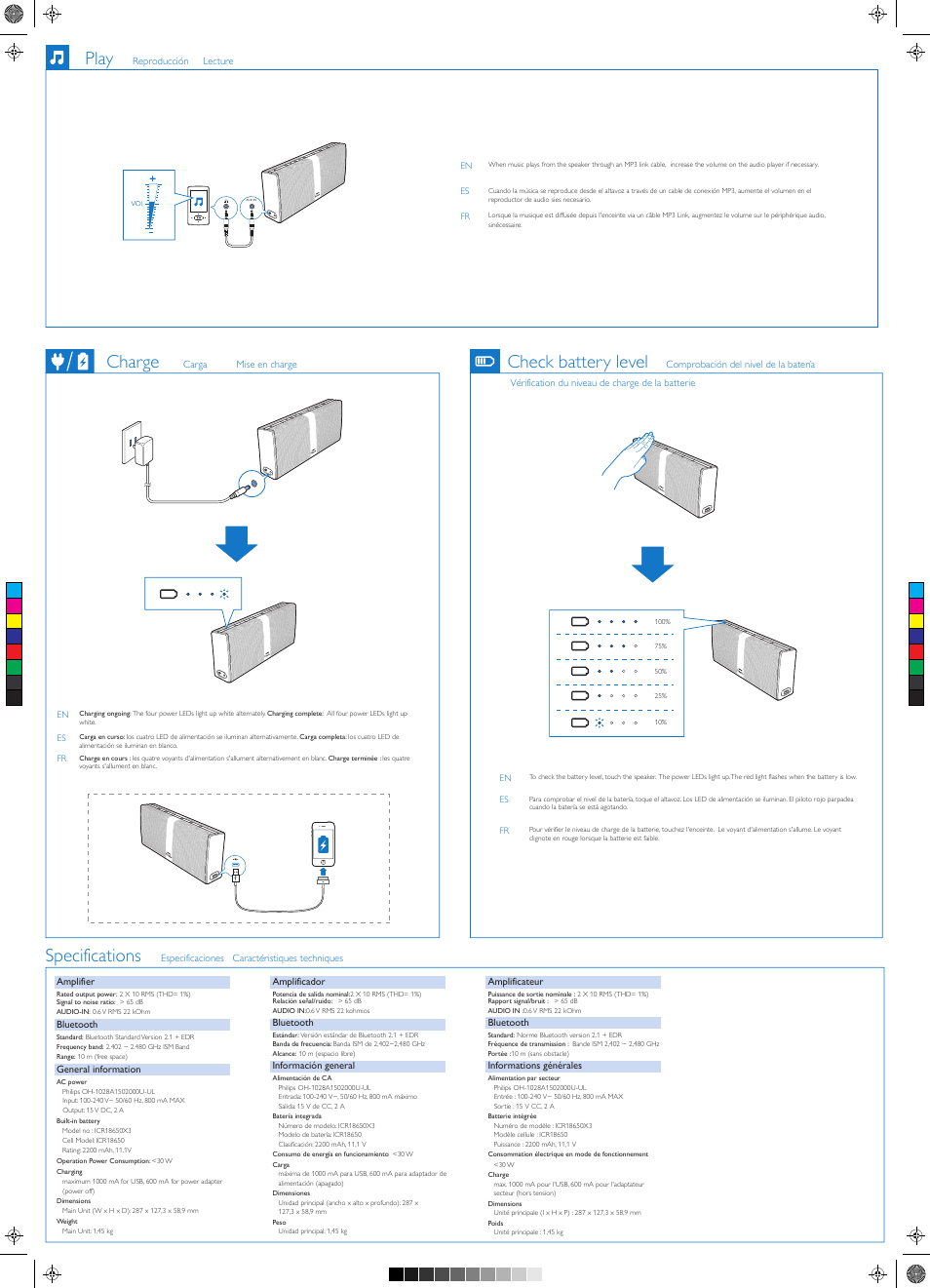 Charge check battery level play, Specifications | Philips P8BLK-37 User Manual | Page 2 / 2