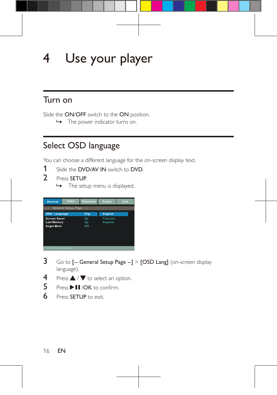 4 use your player | Philips PD9016-37 User Manual | Page 16 / 23