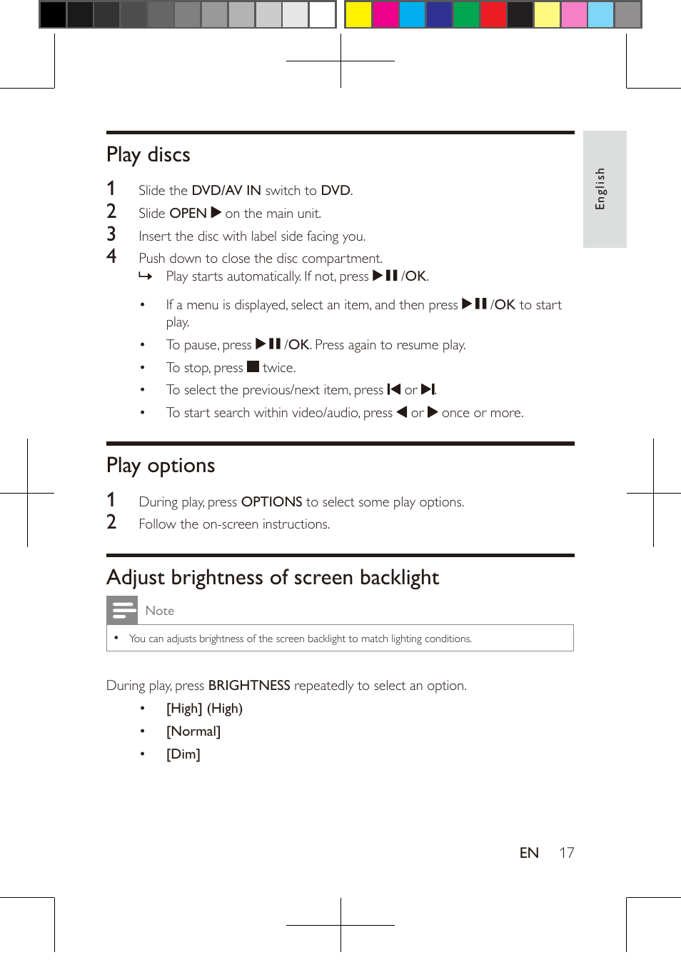 Play discs, Play options, Adjust brightness of screen backlight | Philips PD9016-37 User Manual | Page 17 / 23